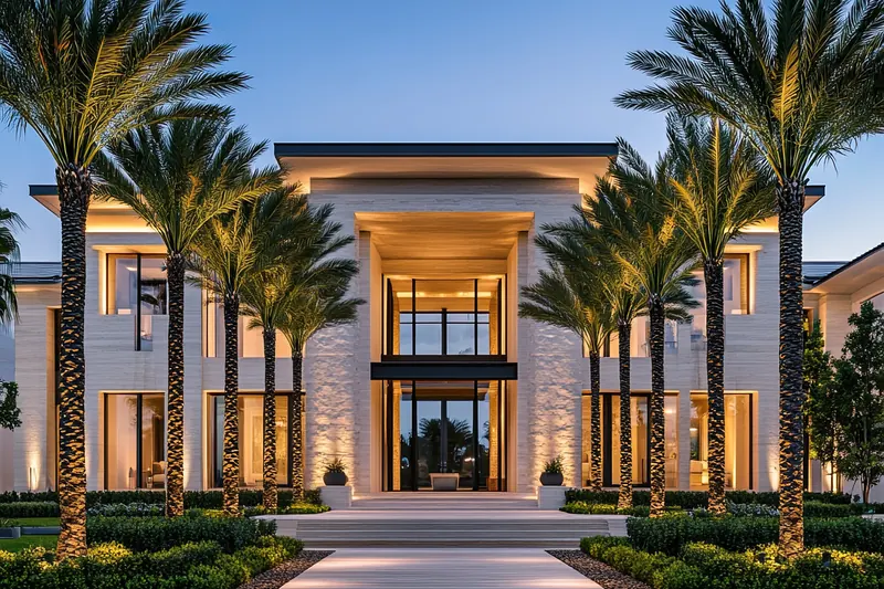 Modern estate entrance lit at dusk and framed by palm trees